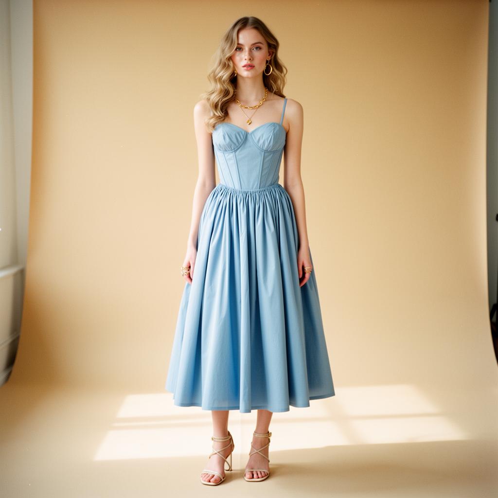 Contemporary label Corset poplin midi dress, powder blue